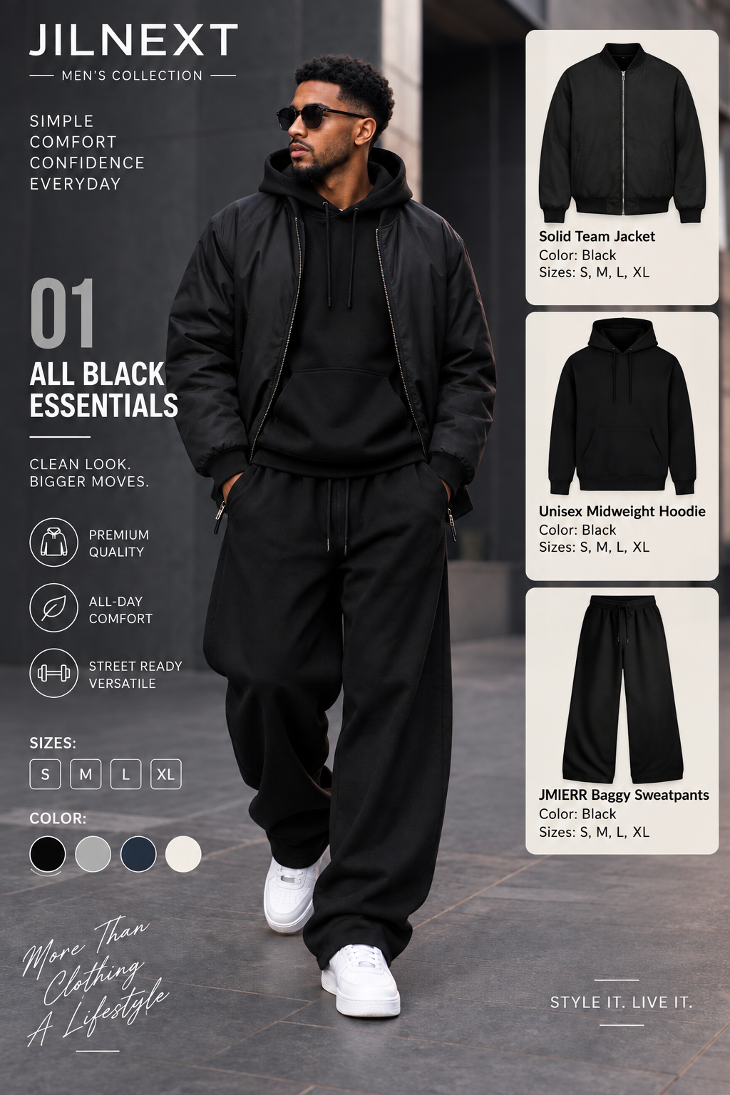 JilNext Men’s All Black Essentials 3-Piece Set